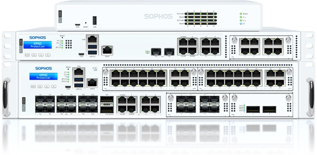 XG, SG oder XGS? Bei Sophos zählt das genaue Modell und Betriebssystem 1 Sophos XGS 128, XGS 2100 und XGS 7500 in der Frontansicht.