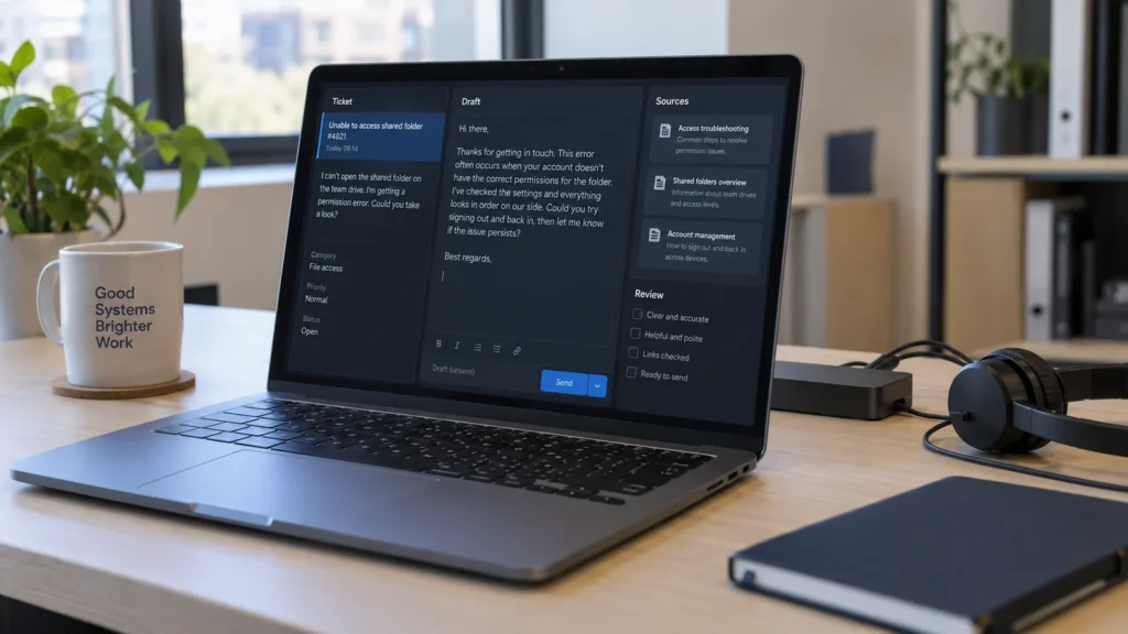 Laptop mit Supportticket, Antwortentwurf und Quellen zur Prüfung.