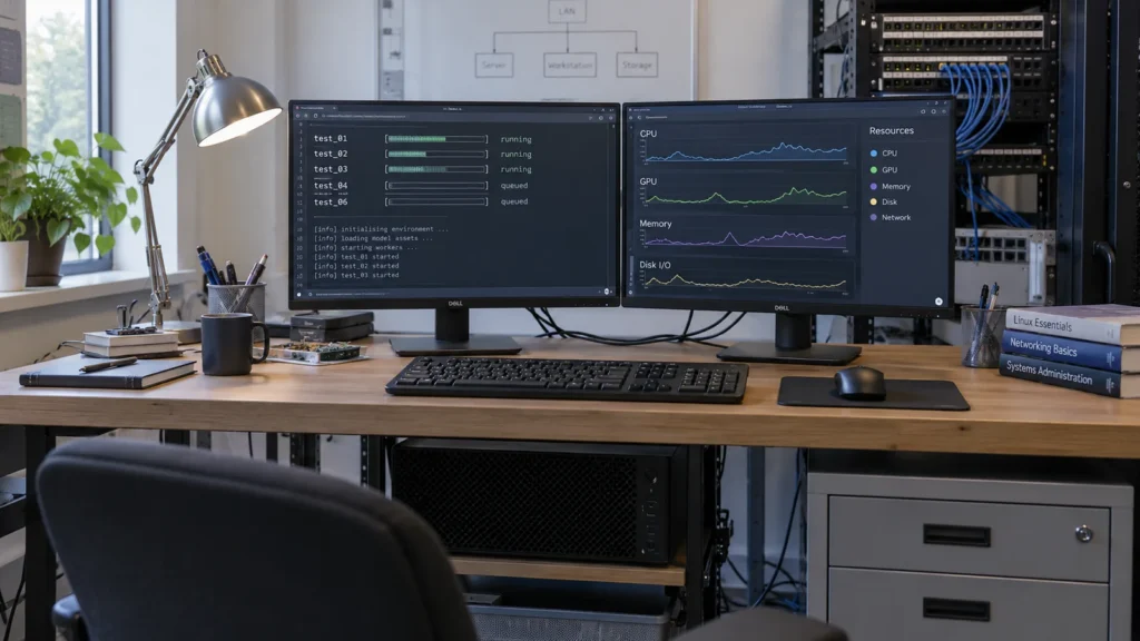 Lokale KI testen: Ein Pilot mit aussagekräftiger Last 1 Zwei Monitore zeigen Testläufe und die Auslastung einer Workstation.