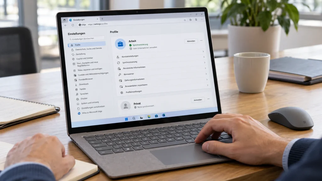 Microsoft 365 und Edge: Passwort-Sync und Teamzugänge 14 Am Surface-Notebook sind die Edge-Profile Arbeit und Privat mit getrenntem Synchronisierungsstatus dargestellt.