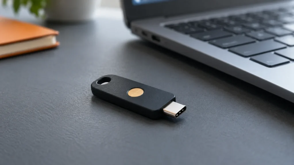 USB-C-Sicherheitsschlüssel mit Berührungsfläche neben einem Notebook.