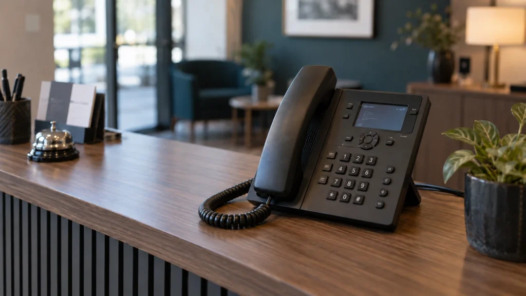 FreePBX für Unternehmen: Erreichbarkeit hängt an mehr als der Telefonanlage 9 Schnurgebundenes Tischtelefon auf einem Empfangstresen.