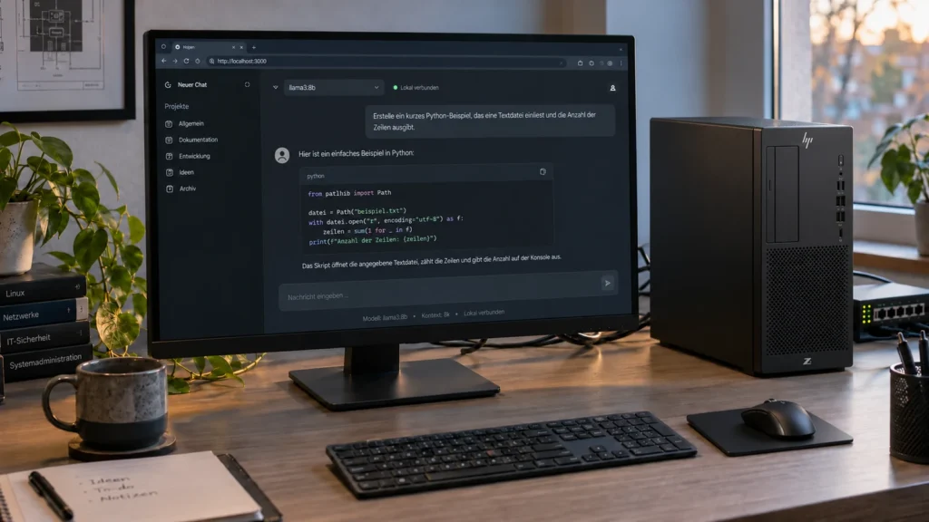 Ollama und Open WebUI im Firmennetz: Ein lokaler KI-Assistent 3 Lokaler KI-Chat am Monitor, HP-Workstation sowie vollständig eingerichteter Arbeitsplatz mit Tastatur und Maus.