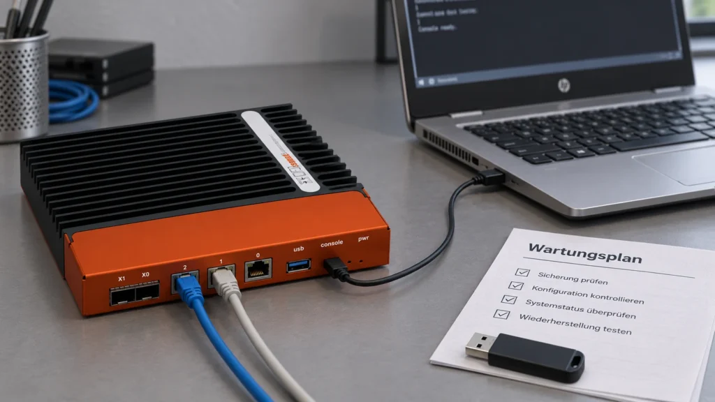 OPNsense aktualisieren: Regeln, VPN und Rückweg gehören zum Wartungsplan 4 OPNsense-Appliance mit Konsolenverbindung zu einem HP-Notebook neben Wartungsplan und USB-Speicher.