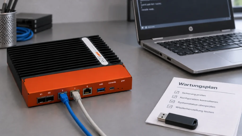 OPNsense-Appliance mit zwei Ethernetleitungen neben HP-Notebook, Wartungsplan und USB-Speicher; die Konsolenbuchse ist frei.
