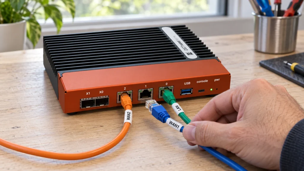 OPNsense mit zwei Internetleitungen: Failover muss im Alltagstest bestehen 3 An einer orangefarbenen OPNsense-Appliance ist WAN1 abgezogen, während WAN2 und LAN mit beschrifteten Ethernetkabeln verbunden bleiben.