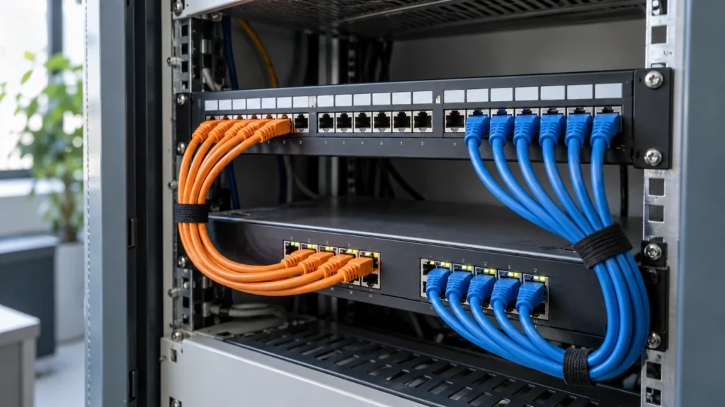OPNsense im Unternehmen: Netzwerkzonen statt eines einzigen großen Netzes 2 Orange und blaue Patchkabel verbinden getrennte Gruppen eines Netzwerkpanels mit einem Switch.
