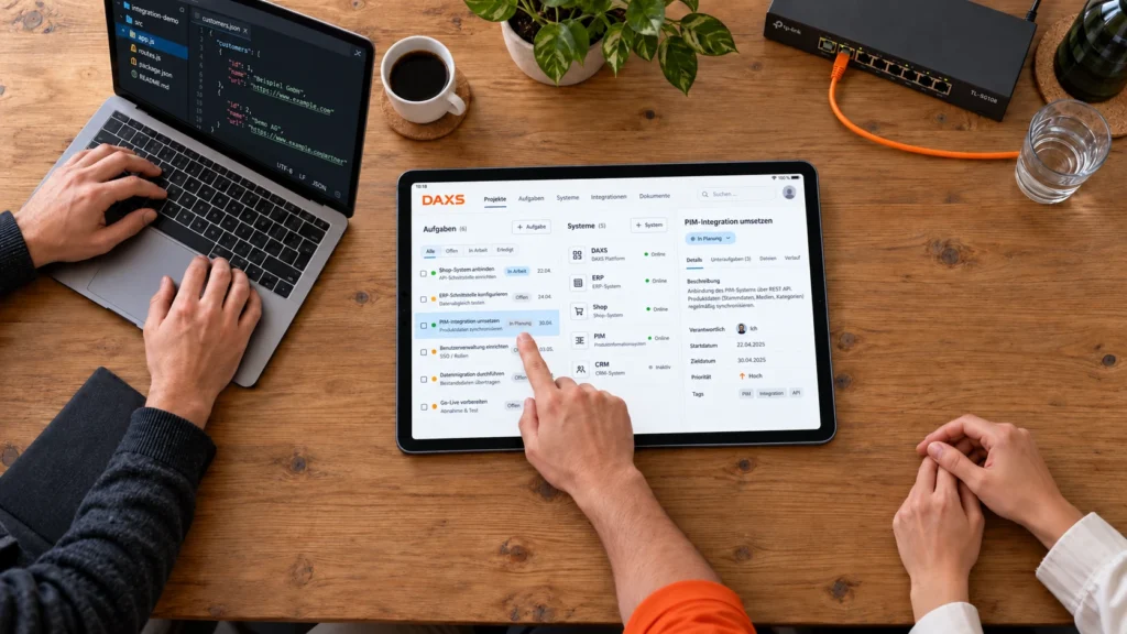 Drei Beteiligte besprechen Integrationsaufgaben am iPad und Laptop.