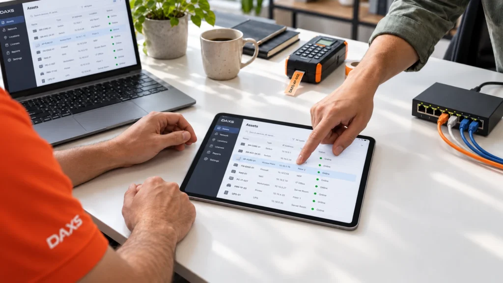 Zwei Ansprechpartner prüfen eine Geräteübersicht am iPad.