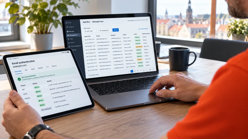 Ein IT-Verantwortlicher prüft die E-Mail-Authentifizierung am Laptop und iPad.