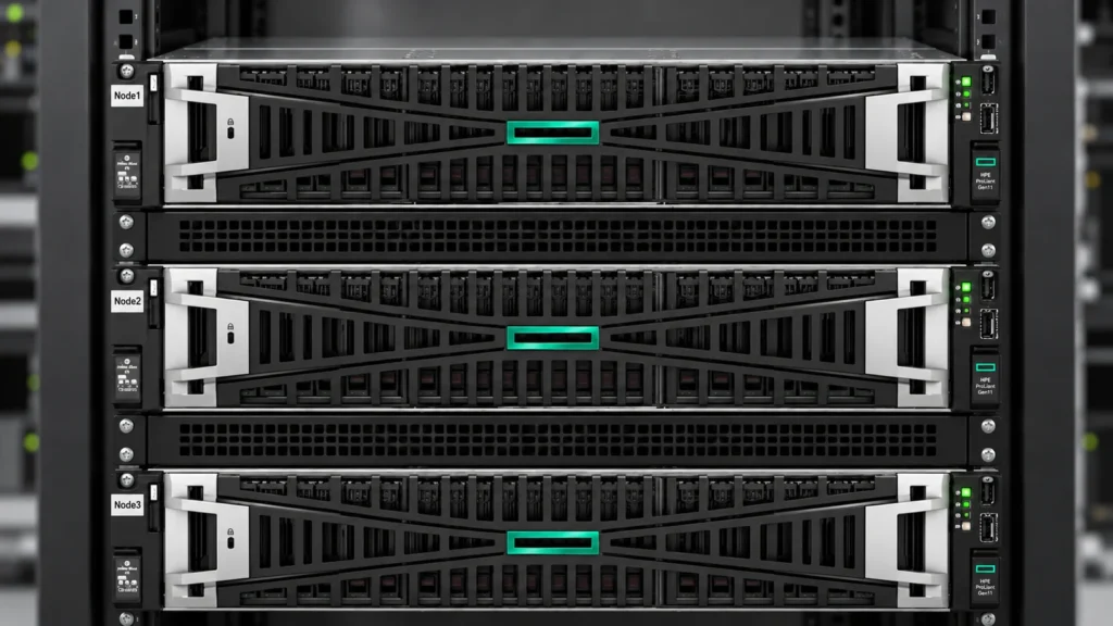 Proxmox-Hochverfügbarkeit: Ein Cluster ersetzt keine Wiederherstellung 28 Drei HPE-Rackserver mit den Kennzeichnungen Node1, Node2 und Node3, getrennt durch belüftete Blindblenden.