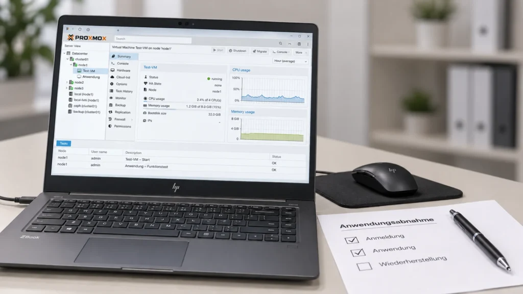 Von VMware zu Proxmox: Erst die Anwendung abnehmen, dann den Umzug abschließen 1 HP-ZBook mit einer virtuellen Maschine in der Proxmox-Verwaltung neben einer Checkliste für Anmeldung, Anwendung und Wiederherstellung.